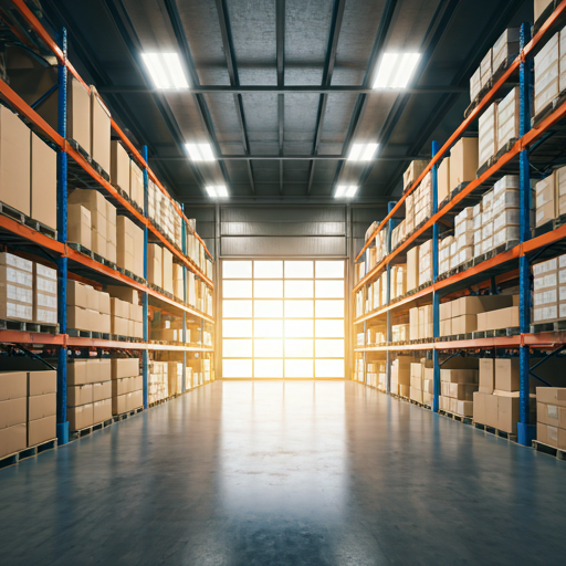 Logistics warehouse with boxes and sunlight